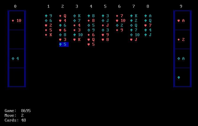De eerst versie van Microsoft Freecell uit 1989 op het DOS besturingsysteem